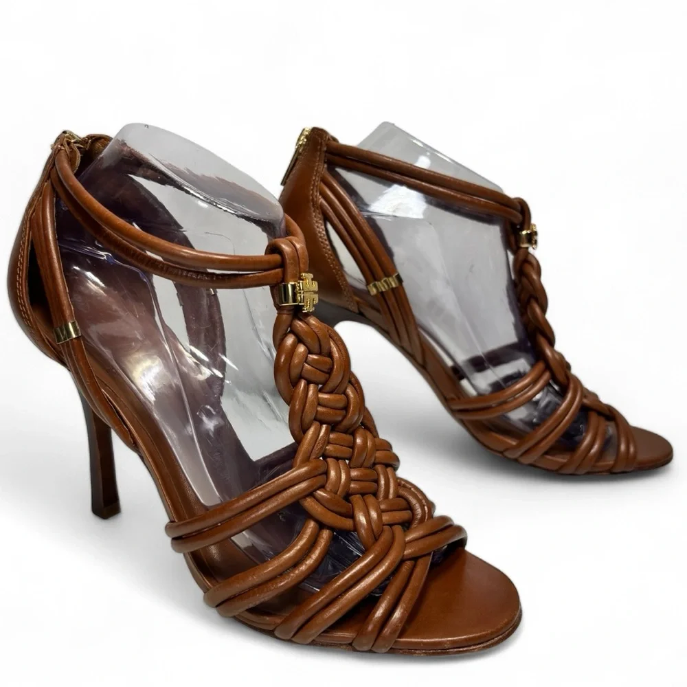 Tory Burch Brown Strappy Braided Leather Heels Size 8.5